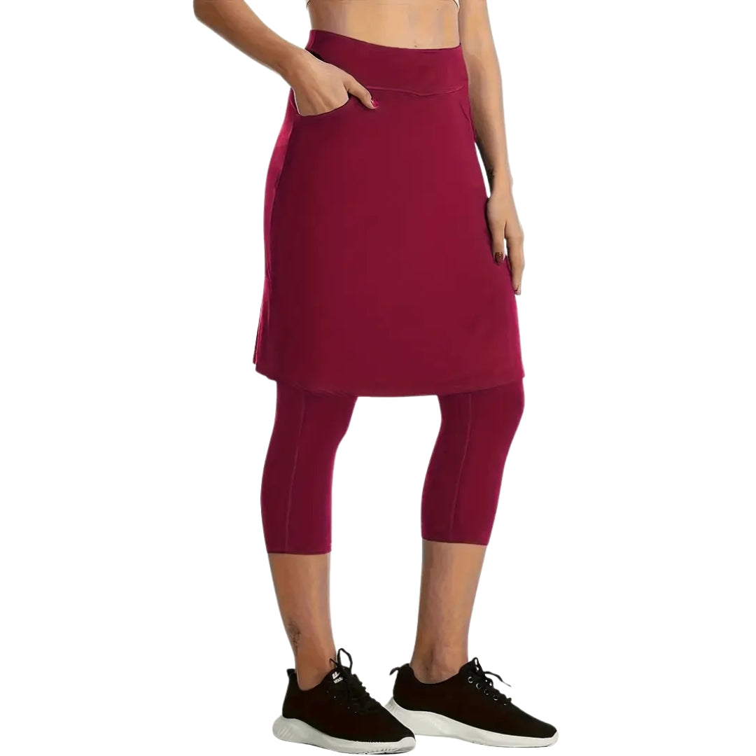 The Three Quarter Leggings with Knee Length Skirt - One Piece - Burgundy