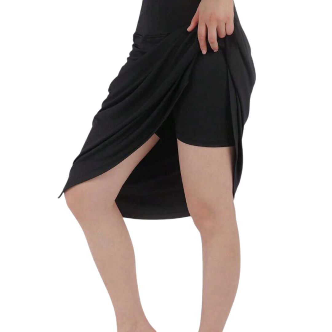 Knee Length Gym Skirt with Shorts - One Piece - Black