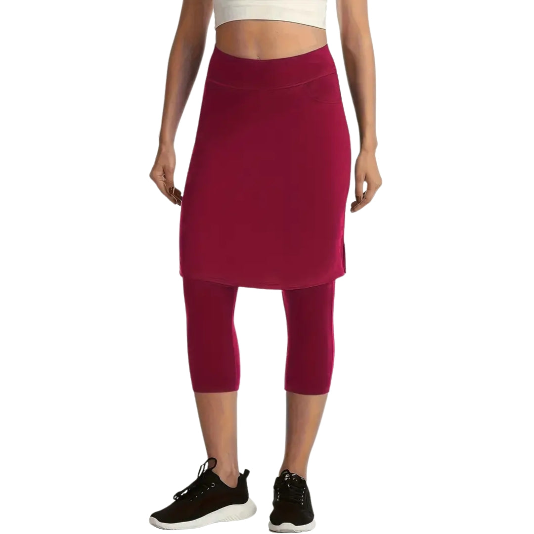 The Three Quarter Leggings with Knee Length Skirt - One Piece - Burgundy