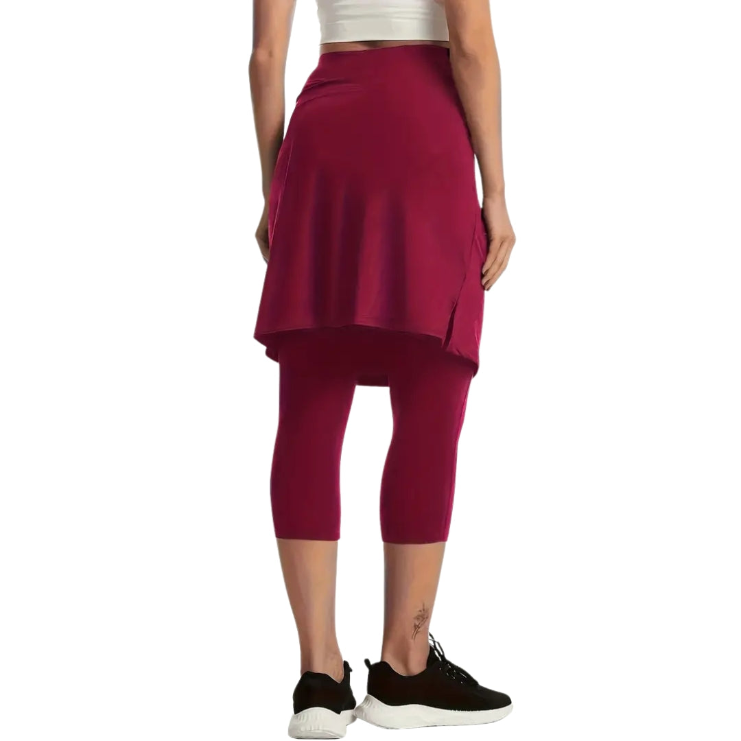 The Three Quarter Leggings with Knee Length Skirt - One Piece - Burgundy