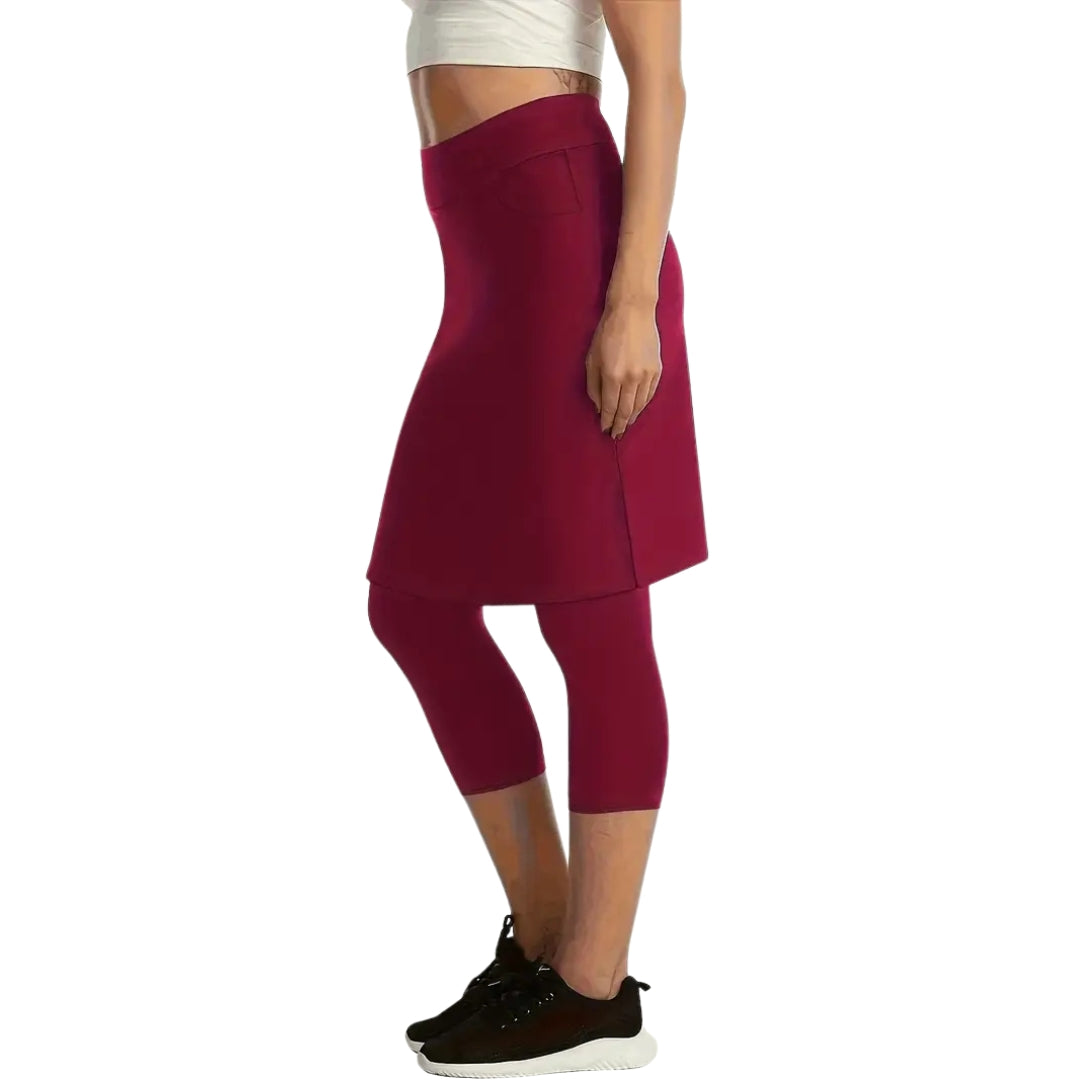 The Three Quarter Leggings with Knee Length Skirt - One Piece - Burgundy