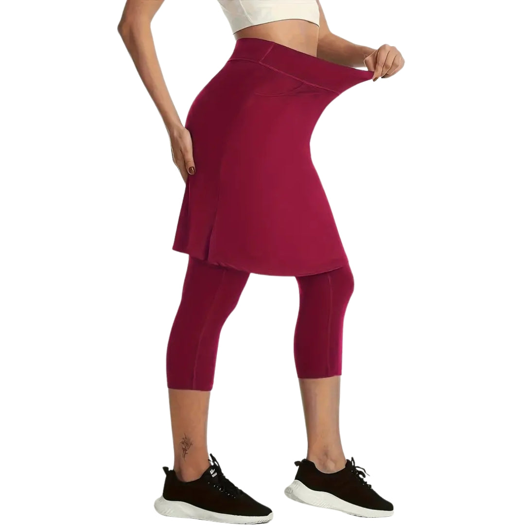 The Three Quarter Leggings with Knee Length Skirt - One Piece - Burgundy